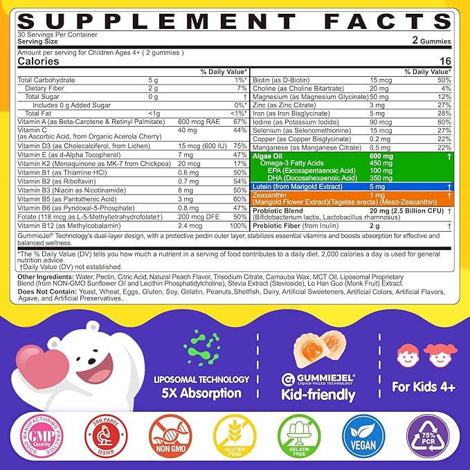 Kids Multivitamin Gummies with Iron 450mg Algae Omega-3 Methylated B12 Folate Fiber 2g Probiotics Magnesium A C D K ZincChildren Vitamins for Growth Brain Eye Gut ImmuneKids 4+ 120Cts