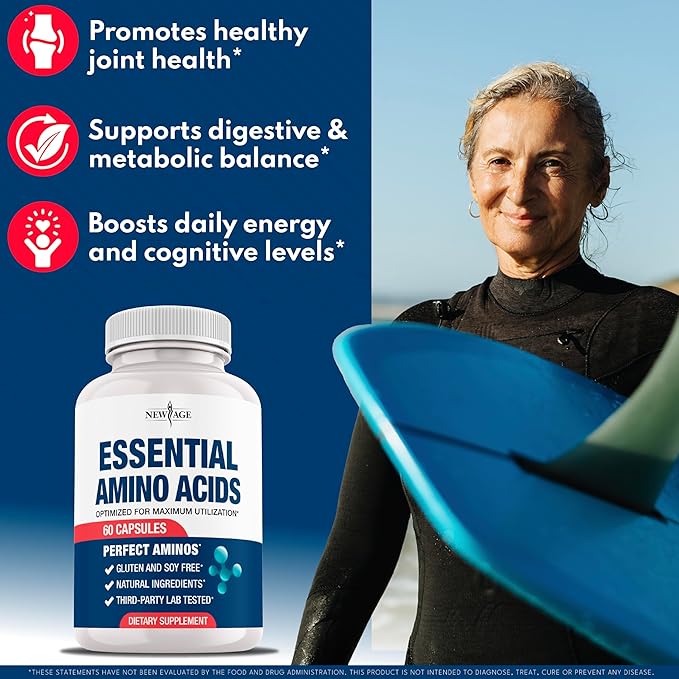 NEW AGE Amino Acid Complex – 20 Aminos with BCAAs L-Glutamine L-Arginine &amp Hyaluronic Acid – Supports Recovery Energy Immune Health &amp Wellness – Non-GMO Gluten-Free – 60 Capsules