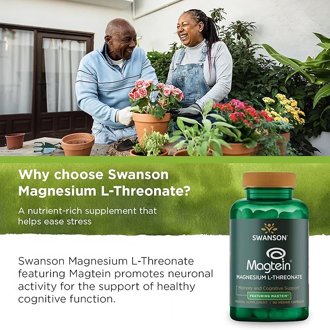 Swanson Magnesium L-Threonate Brain and Cognitive Health Supplement for Professionals Seeking Mental Clarity - 96 mg Magnesium per Serving (90 Vegan Capsules 2 Pack)