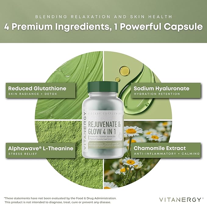 Vitanergy Beauty Sleep &amp Skin Glow Supplement – 4-in-1 Nighttime Support with L-Glutathione Hyaluronic Acid L-Theanine &amp Chamomile – Vegan Made in USA 56 Capsules