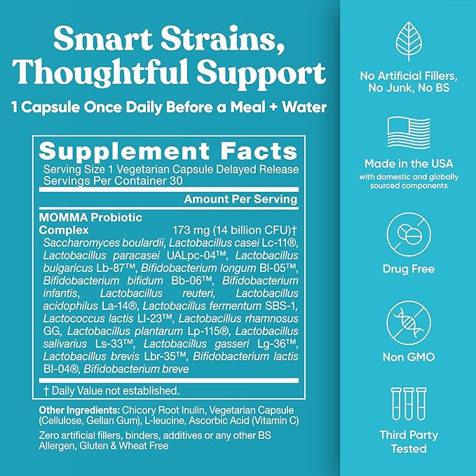Momma Prenatal Probiotics Mom &amp Baby - Gut and Digestive Postpartum Nursing Morning Sickness Pregnancy Relief - 18 Clinically Proven Strains 14 Billion CFU Prebiotic - 30 Mini Vegan Capsules