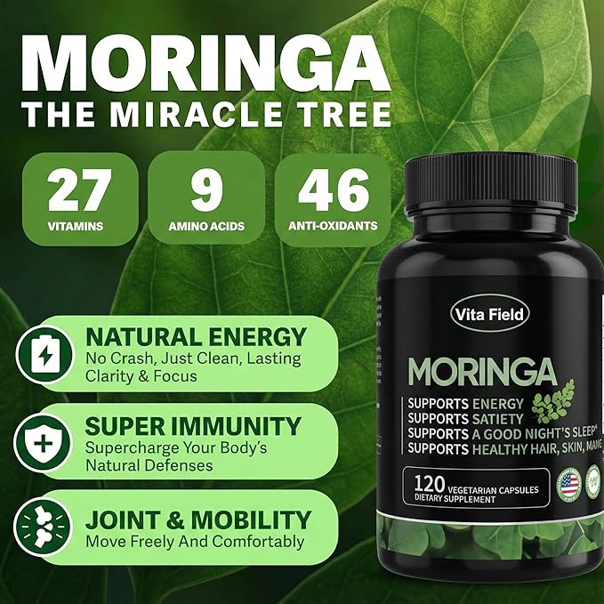 Moringa Capsules - Pure Moringa Leaf Powder 12000mg | 3-Month Supply | Third-Party Tested Non-GMO Gluten-Free | Supports Natural Energy &amp Vitality for Seniors