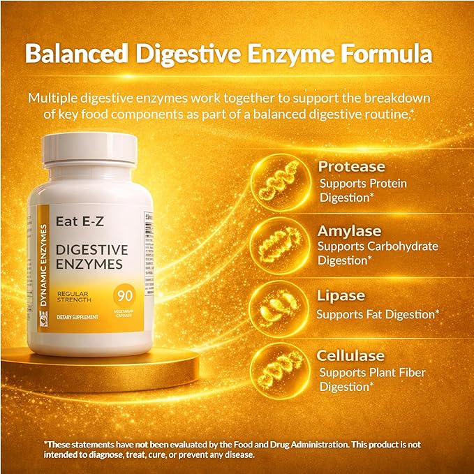 Eat E-Z Digestive Enzymes – Broad-Spectrum Enzyme Blend for Proteins Carbohydrates Fats Dairy &amp Fiber – Supports Digestive Comfort &amp Occasional Bloating – 90 Capsules