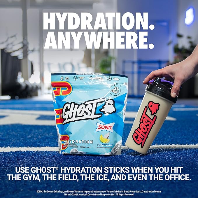 GHOST Hydration Packets Sonic Ocean Water 24 Sticks Electrolyte Powder - Drink Mix Supplement with Magnesium Potassium Calcium Vitamin C - Vegan Free of Soy Sugar &amp Gluten
