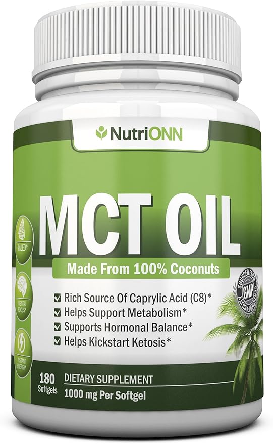MCT Oil - 3000mg Per Serving - 180 Softgels - Made from 100% Organic Coconuts - Non GMO Cold Pressed Paleo Friendly Capsules - Great for Focus &amp Gut Health