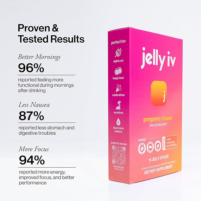 Fast Morning Relief Supplement Stick by Jelly IV - Natural Electrolytes &amp Liver Support Recovery - Nausea Reducing DHM - B Vitamins - Plant-Based Flavored Jelly Sticks - 15 Pack
