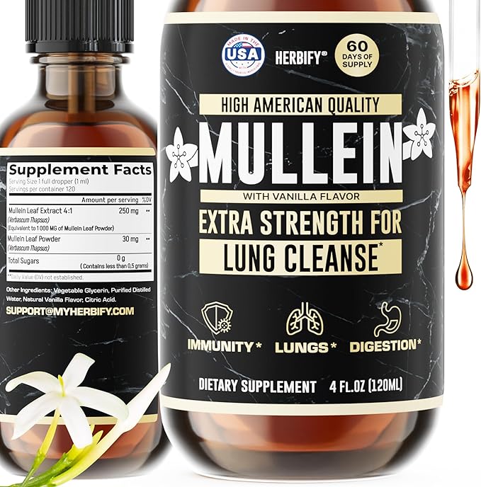 HERBIFY Mullein Drops - Lung Cleanse - Leaf Extract - Powerful Mullein for Immune Support Detox &amp Respiratory Support - Made in USA - 4 Oz Vanilla Flavor
