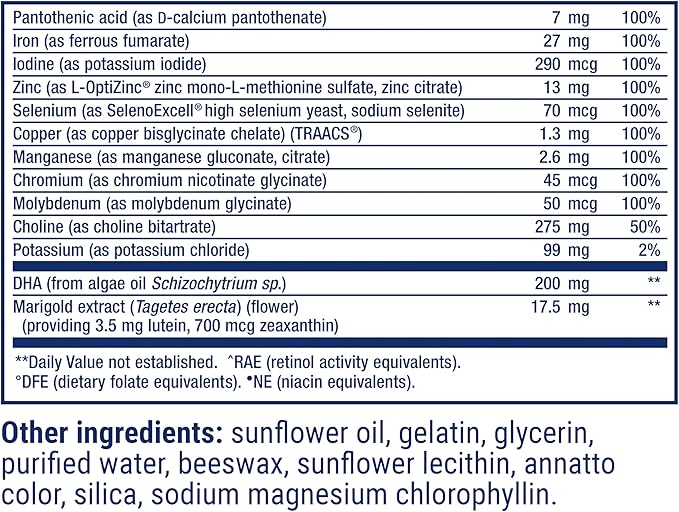 Life Extension Prenatal Advantage Women’s multivitamin Baby Support folic Acid Choline omega-3s Vitamin C D3 B1 B6 B12 zinc niacin Gluten Free Non-GMO 120 softgels