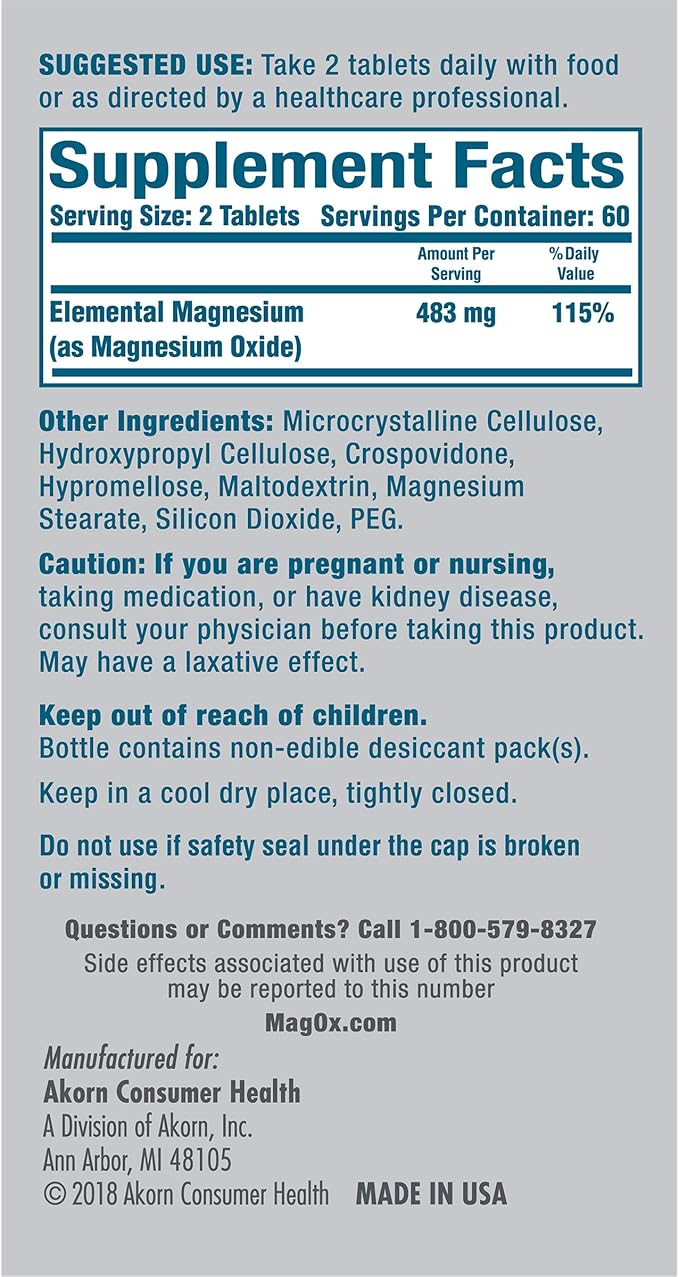 Mag-Ox 400 Magnesium Mineral Dietary Supplement Tablets 483 mg Magnesium Oxide Pharmaceutical Grade 120 Count (Pack of 2)