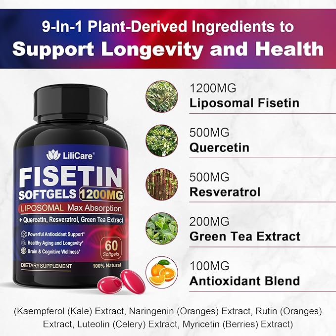 LILICARE Fisetin Supplement - Liposomal Super Absorption 98% Pure 1200mg with Quercetin Resveratrol Green Tea Extract for Healthy Aging &amp Longevity Skin Health Brain &amp Antioxidant - 60 Sof