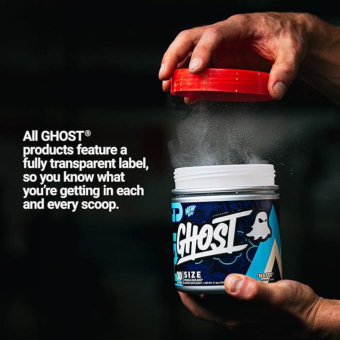 GHOST Size Muscle Builder Dietary Supplement - Natty 30 Servings – Support Muscle Growth &amp Strength Building for Men &amp Women - Creatine &amp Betaine - Free of Sugar &amp Gluten