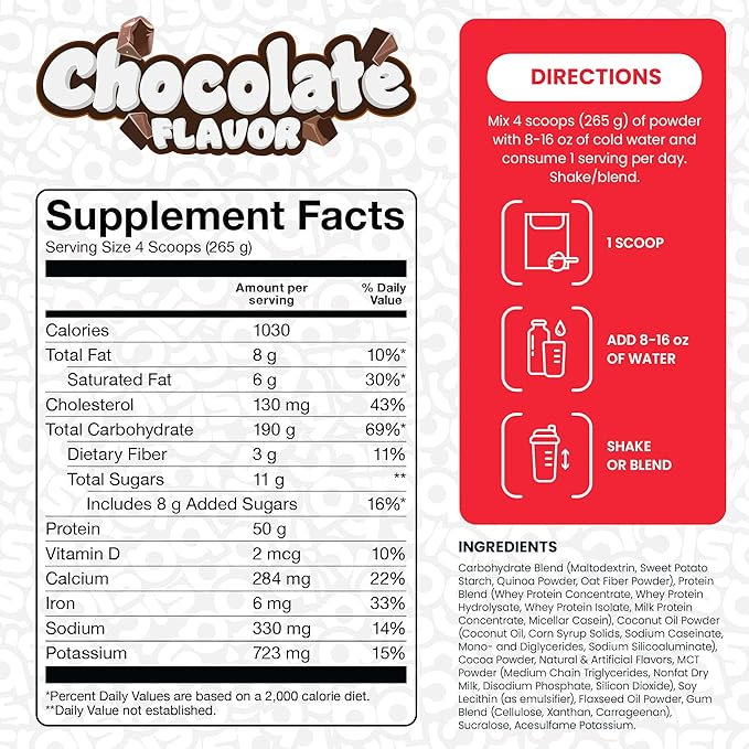 Mass Gainer Protein Powder Supports Muscle Growth &amp Recovery 50g Protein 190g Carbs 1030 Calories Gluten-Free RBST-Free No Artificial Colors