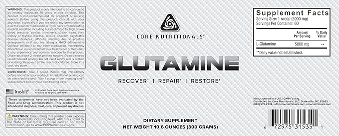 Core Nutritionals Glutamine Amino Acid | Enhance Recovery &amp Restore L-Glutamine Levels | Immune Support Muscle Build Gut Health | 60 Servings (Unflavored)