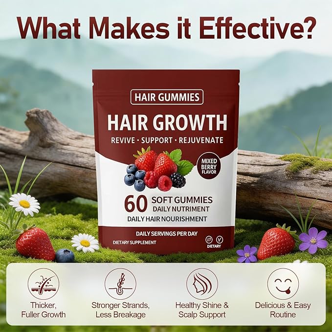 Hair Growth Gummies Daily Hair Nourishment with Biotin Collagen &amp Botanical Extracts Supports Healthy Hair Growth &amp Strength Skin &amp Nail Care Non-GMO 60 Gummies