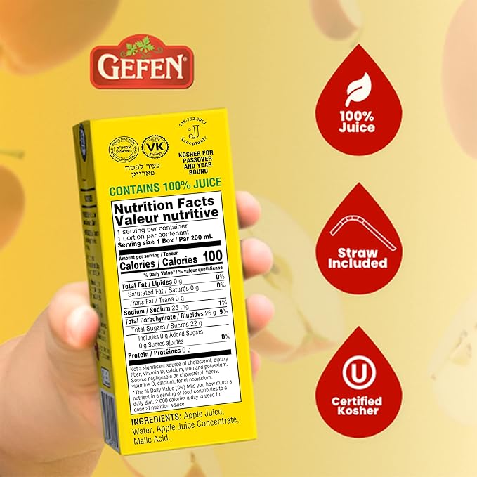 Gefen 100% Apple Juice Box Drinks 6.25oz (27 Pack) | No Sugar Added | Travel Friendly | Lunchbox Size | Kosher (Including Passover)