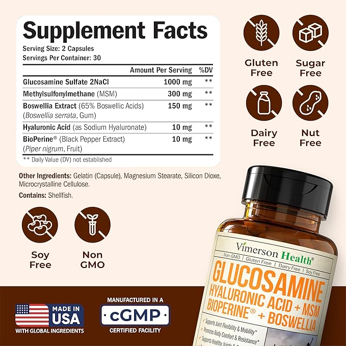 Joint Support Supplement with Glucosamine Sulfate Hyaluronic Acid Boswellia &amp MSM – Supports Joint Health Mobility &amp Bone Strength – for Daily Use – FSA Eligible 2 Pack