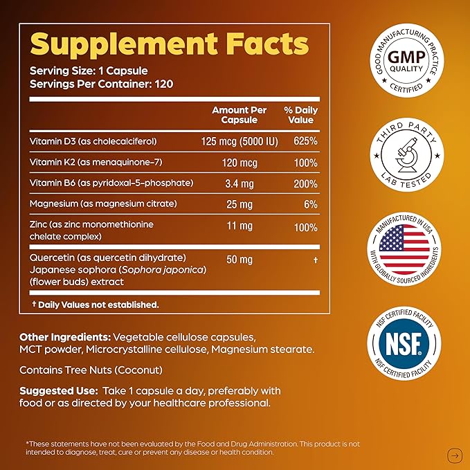 Sandhu's Magnesium Glycinate &amp Vitamin D3 K2 with Quercetin Capsules | Supports Quality Sleep Relaxation Immune Muscle Health &amp Energy