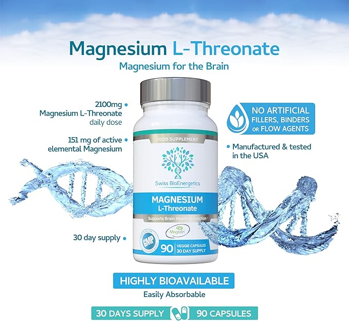 Magtein Magnesium L-Threonate - 2100mg Daily Dose - 30 Day Supply - No Artificial Fillers Binders or Flow Agents - Suitable for Vegans - Magnesium for Memory Focus &amp Cognition - Made in The USA