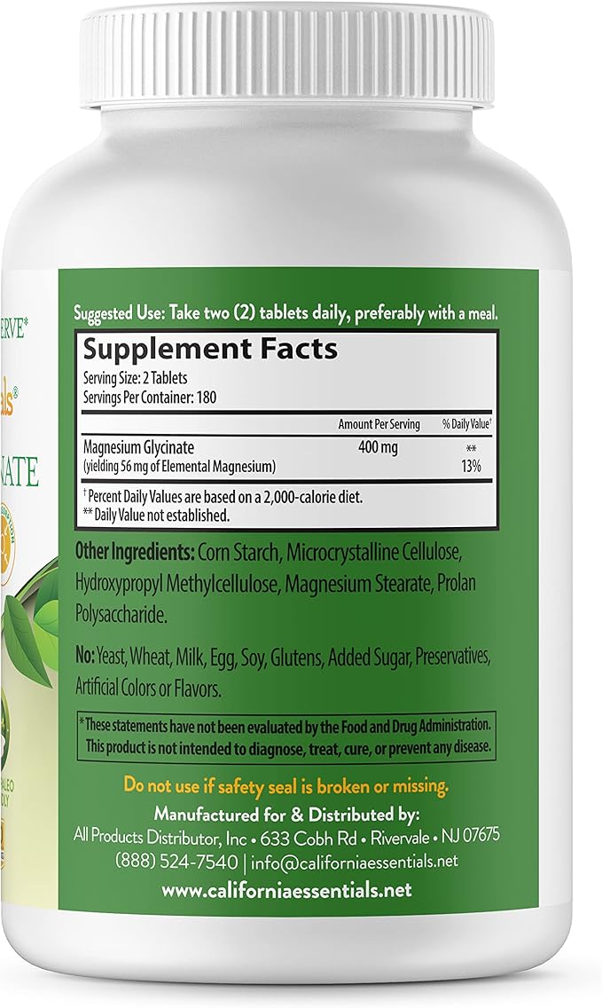 California Essentials Magnesium Glycinate 400 - Chelated High Absorption Elemental Magnesium for Muscle Relief Bone &amp Heart Support -Vegan Non-GMO Gluten-Free (360 Counts (Pack of 1))