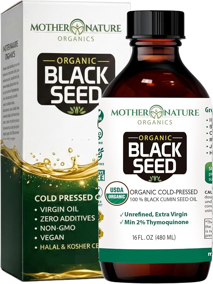 Mother Nature USDA Organic Black Seed Oil – Cold Pressed Unrefined &amp Vegan Nigella Sativa High Thymoquinone (2%+) Omega 3 6 9 for Immune Joint &amp Heart Support Hair &amp Skin Non-GMO 16