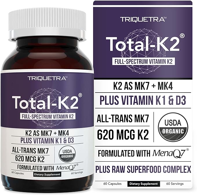 Total K2® | Vitamin K2 as MK7 &amp MK4 | Plus K1 &amp Vitamin D3 Cofactor - 620 mcg K2 per Serving - All-Trans MK7 from MenaQ7® - Full-Spectrum Vitamin K - Vegan Organic Certified (60 Capsules)