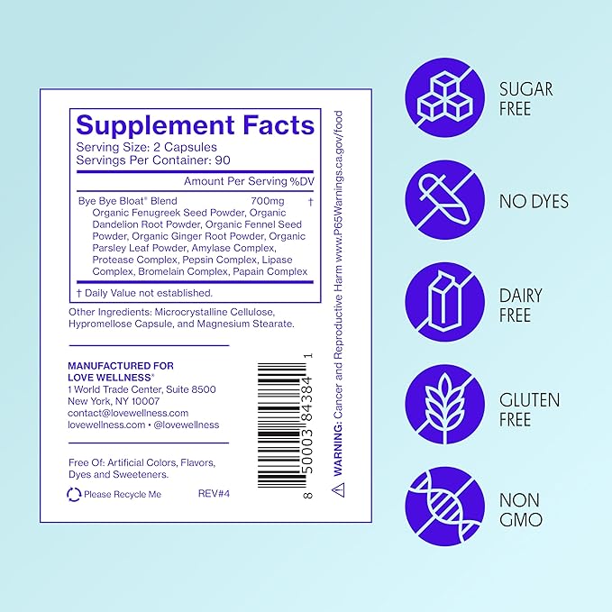 Love Wellness Bye Bye Bloat Digestive Enzymes | Bloating Relief for Women | Help Reduce Gas Relief &amp Water Retention | Supports Digestive Health with Fenugreek &amp Dandelion | 180 Count