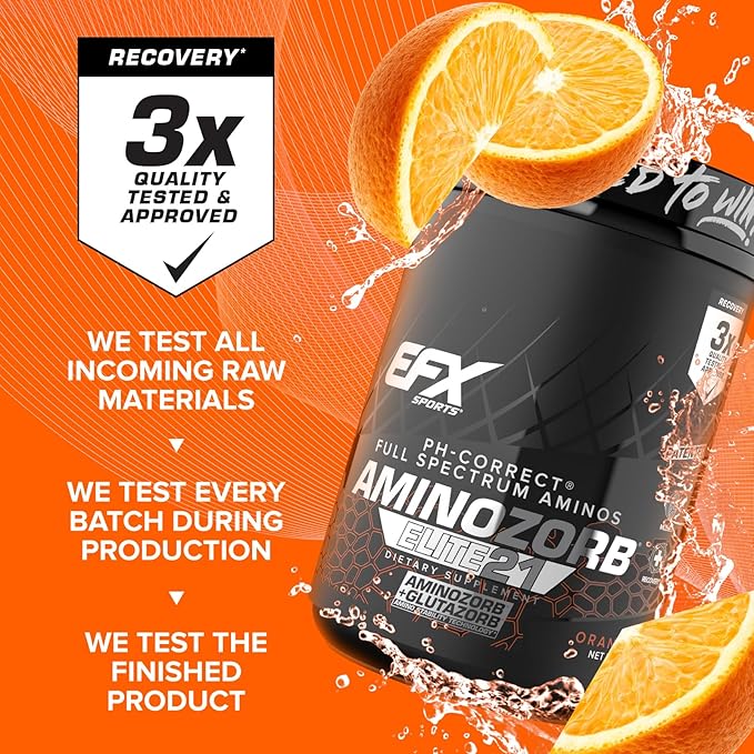 EFX Sports Aminozorb Elite 21 | PH-Correct Full Spectrum Aminos + Glutamine | Essential &amp Non Essential Aminos | Zero Sugars | 30 Servings (Orange Splash)