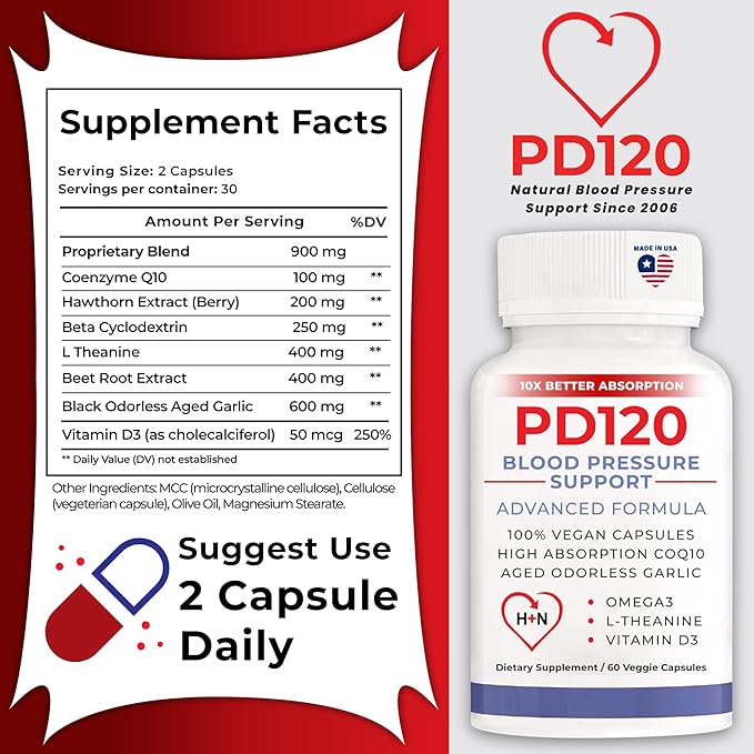 PD120 Natural Blood Pressure Support Supplement: 8-in-1 Formula with Black Odorless Garlic High-Absorption CoQ10 (Pack of 2)