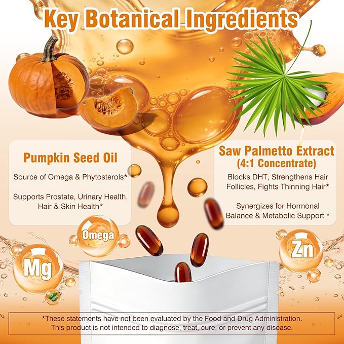 Pumpkin Seed Oil with Saw Palmetto - Cold-Pressed Softgels for Hair Growth &amp Prostate Support - Organic Supplement for Men &amp Women Non-GMO 300 Softgels