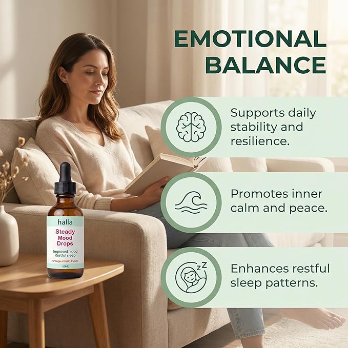 Halla Steady Mood Drops with Saffron Extract – Fast Absorption Cognitive &amp Emotional Balance Supplement – Advanced Brain Nutrient Blend – Orange Vanilla Flavor 2 fl oz