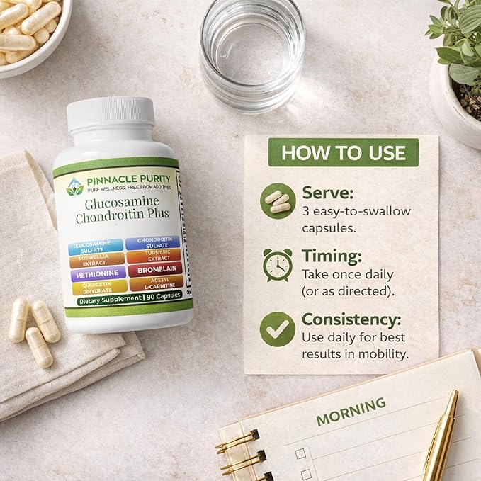 Glucosamine Chondroitin Plus 90 Capsules 30-Day Supply Joint Support Supplement for Men &amp Women with Glucosamine Chondroitin &amp MSM Promotes Flexibility Mobility &amp Active Living
