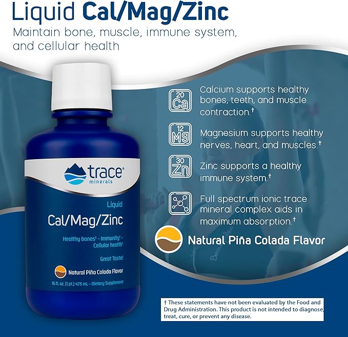 Trace Minerals Cal/Mag/Zinc - Liquid Mineral Supplement for Natural Body Health - Bone Muscle &amp Cellular Health - Supports Immunity &amp Energy - Gluten-Free - 16Fl Oz (32 Servings) - Pineapple
