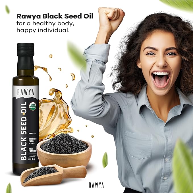 RAWYA Black Seed Oil - Organic Cold Pressed Nigella Sativa - Turkish Origin - USDA Organic - Natural Supplement - Black Cumin Seed Oil - Rich Flavor &amp High Concentration - 250ml Glass Bottle - 2 P