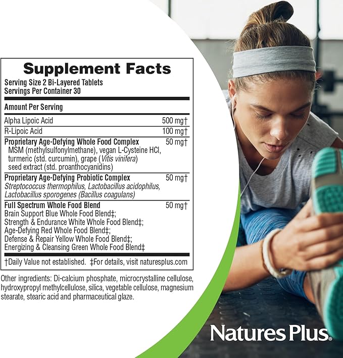 NaturesPlus Ultra Lipoic - 60 Bi-Layered Mini-Tabs - Supports Free Radical Defenses with Probiotics Nutrients &amp Whole Food Concentrates - Gluten Free - 30 Servings