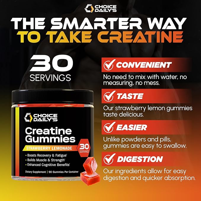 Creatine Gummies - 90 Vegan Friendly Chews - USA Made - Boosts Recovery - Builds Muscle - Enhanced Cognitive Benefits (Large Strawberry Lemonade)