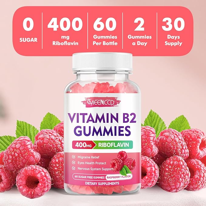 MEENCCD Vitamin B2 Gummies Riboflavin 400mg Supplement with Magnesium for Kids &amp Adults B2 Gummies for Migraine Relief &amp Nervous System Support Vegan Sugar-Free Raspberry Flavor 60 Count