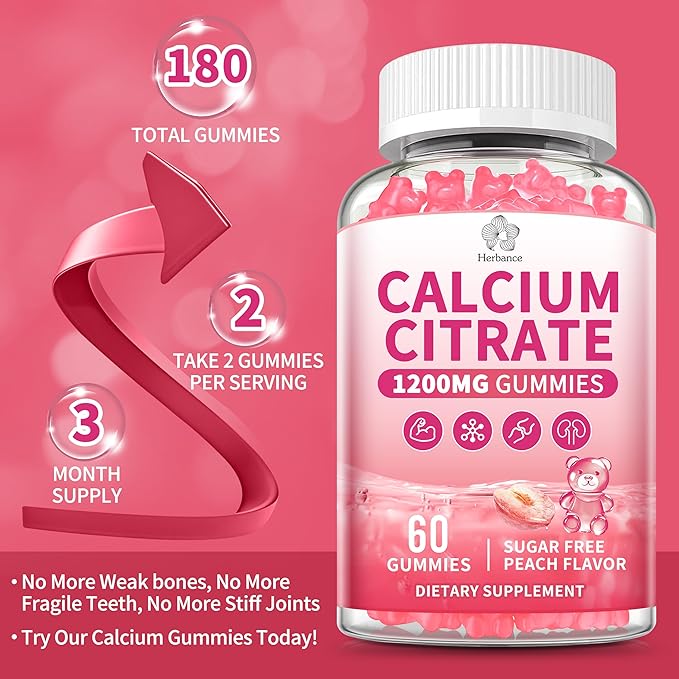 Pure Calcium Citrate 1200 mg Gummies for Adults High Absorption Calcium Supplements for Women &amp Men Sugar Free Non-GMO Gluten Free Supports BoneTeethMuscle &amp Immune - Peach Flavor