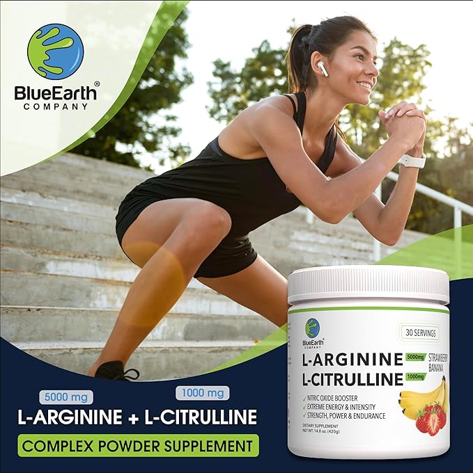 L-Arginine 5000mg + L-Citrulline Complex Powder Supplement Drink Mix - Nitric Oxide Booster for Heart Health Blood Flow &amp Energy - 30 Servings (Strawberry Banana)