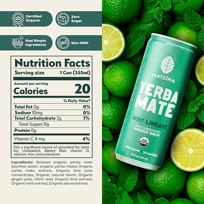 Mateina Yerba Mate Zero Sugar Energy Drink – 120mg Natural Caffeine – Organic Non-GMO Non-Carbonated – Dr. Andrew Huberman Recommended – (12 fl oz Cans 12 Pack) Mint Limeade