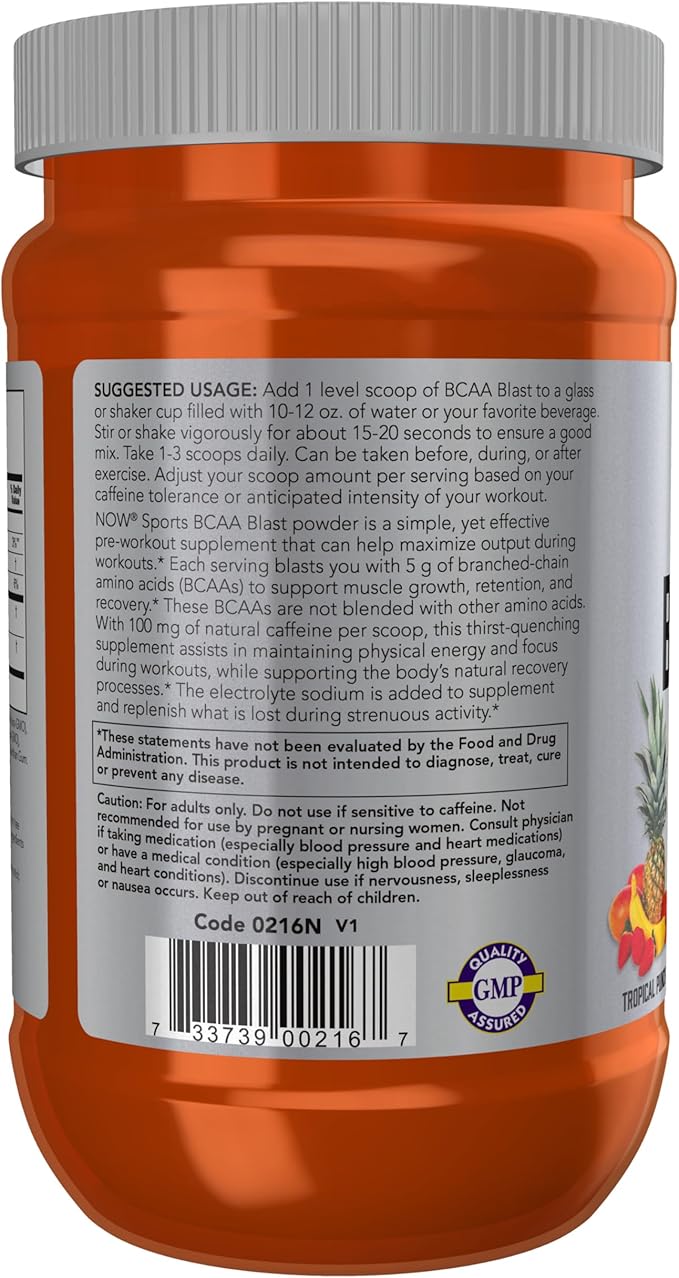 NOW Foods Sports Nutrition BCAA Blast Powder 5 g BCAA 100 mg Caffeine Tropical Punch 600-Grams