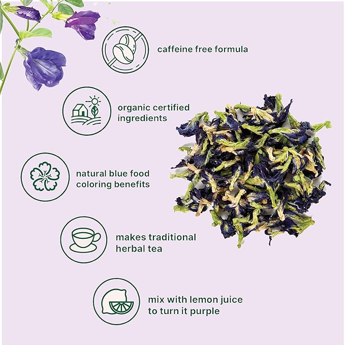 USDA Organic Butterfly Pea Flower Tea 8.82oz 750+ Cups | Great for Iced or Hot Brewed Herbal Tea | Natural Blue &amp Purple Food Coloring | Rich Source of Antioxidants | Caffeine Free Non-GMO No