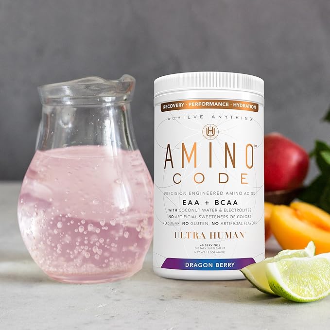 Ultra Human Amino Code | Essential Amino Acids + BCAAs + Coconut Water Electrolytes | Fast Hydration Workout Recovery Flavored Amino Energy Powder Drink | Clean Formula 40 Servings - Dragonberry