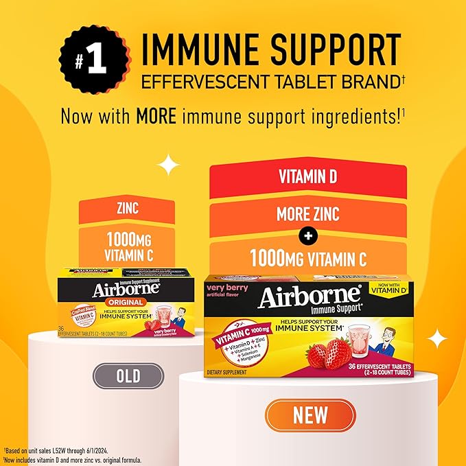 Vitamin C 1000mg (per serving) - Airborne Very Berry Effervescent Tablets (36 count in a box) Gluten-Free Immune Support Supplement With Vitamins A C E ZINC Selenium Echinacea &amp Ginger