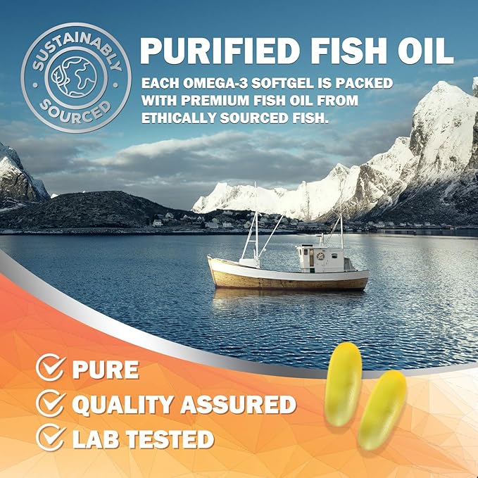 Omega 3 Fish Oil Supplements - 2400mg Fish Oil Per Serving - Triple Strength Omega-3 with EPA &amp DHA Fatty Acids - Natural Heart Brain &amp Immune Support - Wild Caught Bottled in USA - 180 Soft