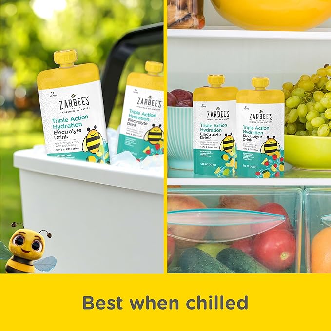 Zarbee’s Triple Action Hydration Electrolyte Drink for Kids Low Sugar with Prebiotics &amp Zinc Mild to Moderate Dehydration Strawberry Lemonade &amp Lemon Lime 12 x 5 fl oz Pouches