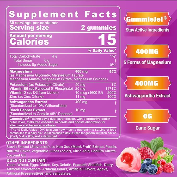 Magnesium Gummies 400mg | 5-in-1 Magnesium Complex for Women &amp Men: Mag Glycinate Citrate Malate Chloride &amp Taurate | w/Ashwagandha D3 &amp Zinc for Relaxtion MoodEnergy | Sugar-Free V