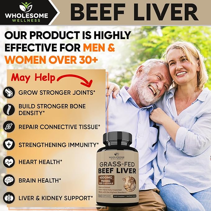 Wholesome Wellness Grass Fed Desiccated Beef Liver Capsules (180 Pills 750mg Each) - Natural Iron Vitamin A B12 for Energy - Raised Undefatted in New Zealand Without Hormones or Chemicals