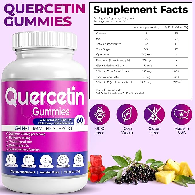 (2 Pack) Quercetin Gummies by BioVitalica - Quercetin with Bromelain Vitamin C and Zinc &amp Elderberry + Vitamin D3-5 in 1 Immune Support - Zinc Quercetin 750 mg for Kids and Adults