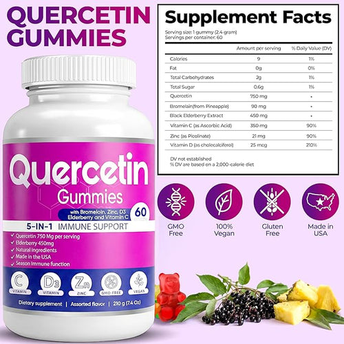 (2 Pack) Quercetin Gummies by BioVitalica - Quercetin with Bromelain Vitamin C and Zinc &amp Elderberry + Vitamin D3-5 in 1 Immune Support - Zinc Quercetin 750 mg for Kids and Adults