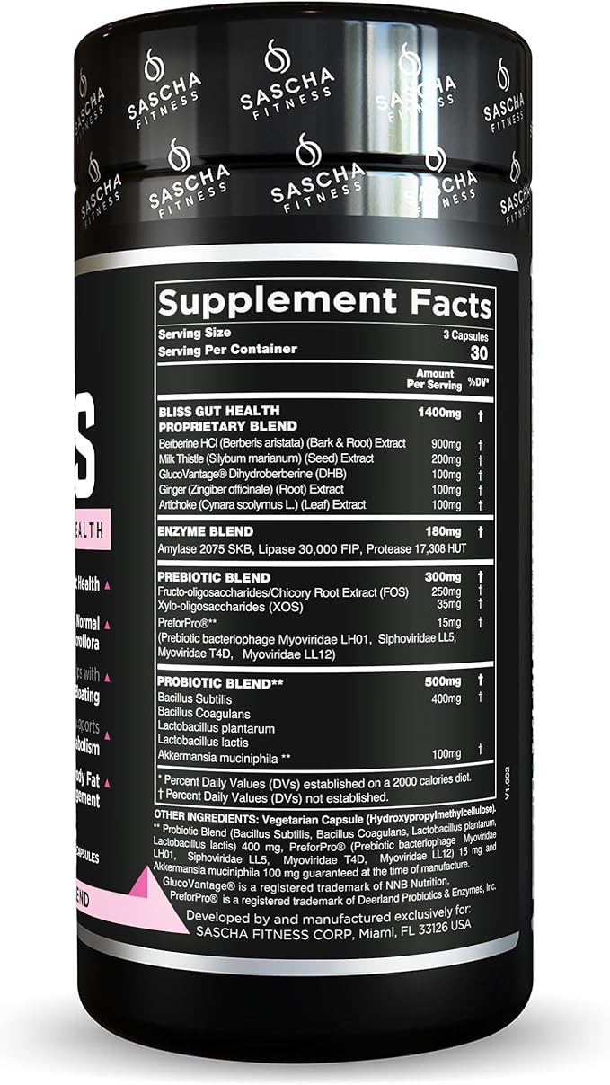 SASCHA FITNESS®️Gut and Digestive Health Support Pills | Prebiotics Probiotics &amp Enzyme Blend |Berberine HCIGluco Vantage®|Helps with BloatingFat Loss CravingsGlucose Metabolism30 Day Supply